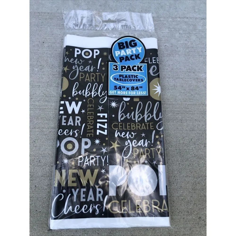 New Year's Eve Table Cover 3 Pack. Black, Silver, Gold. 54”x84”.